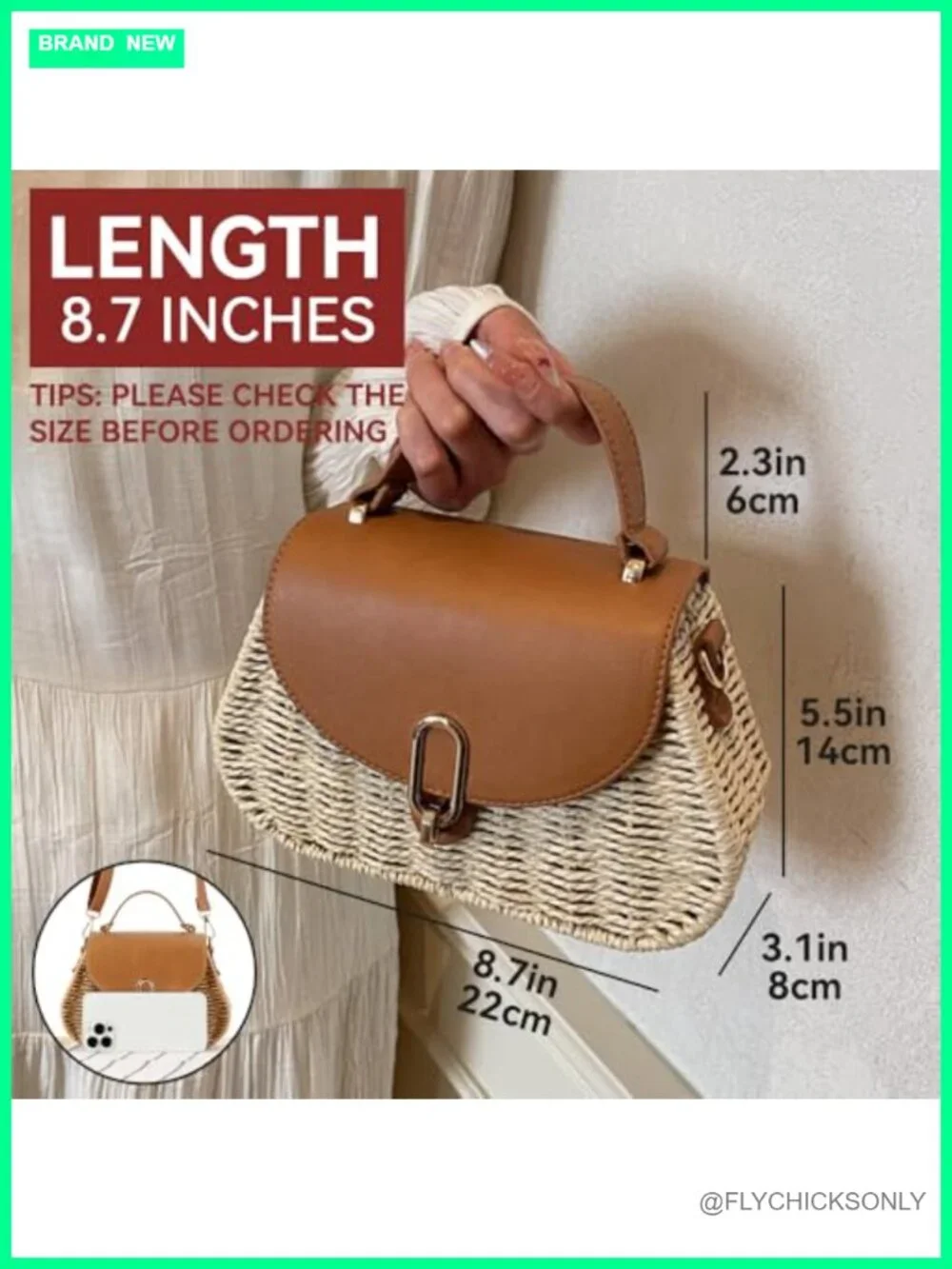 Small Natural Straw Woven Satchel Crossbody with Flap and Gold Buckle